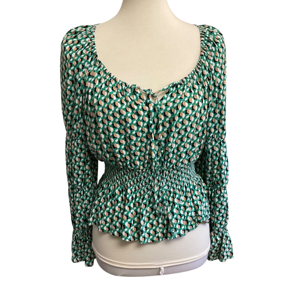 Love & Piece Collective Geometric Peplum Blouse Womens Medium Green